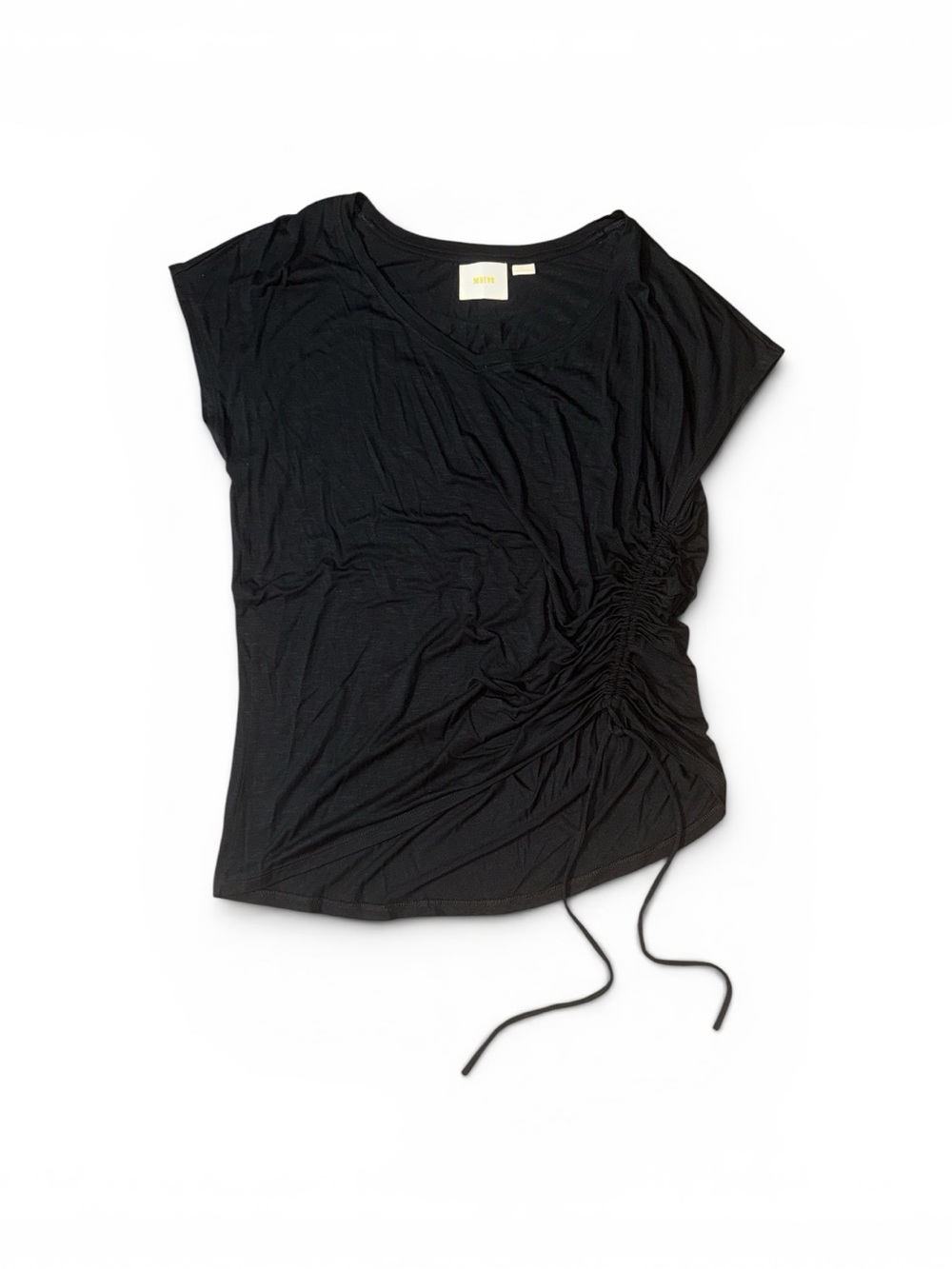 Maeve V- Neck Black Short Sleeve Side-Ruched Tee Large